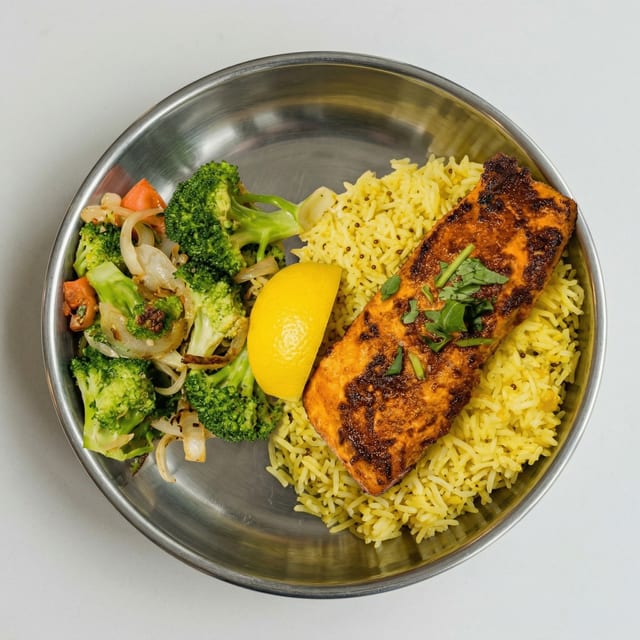 Grilled Salmon with Lemon Rice.